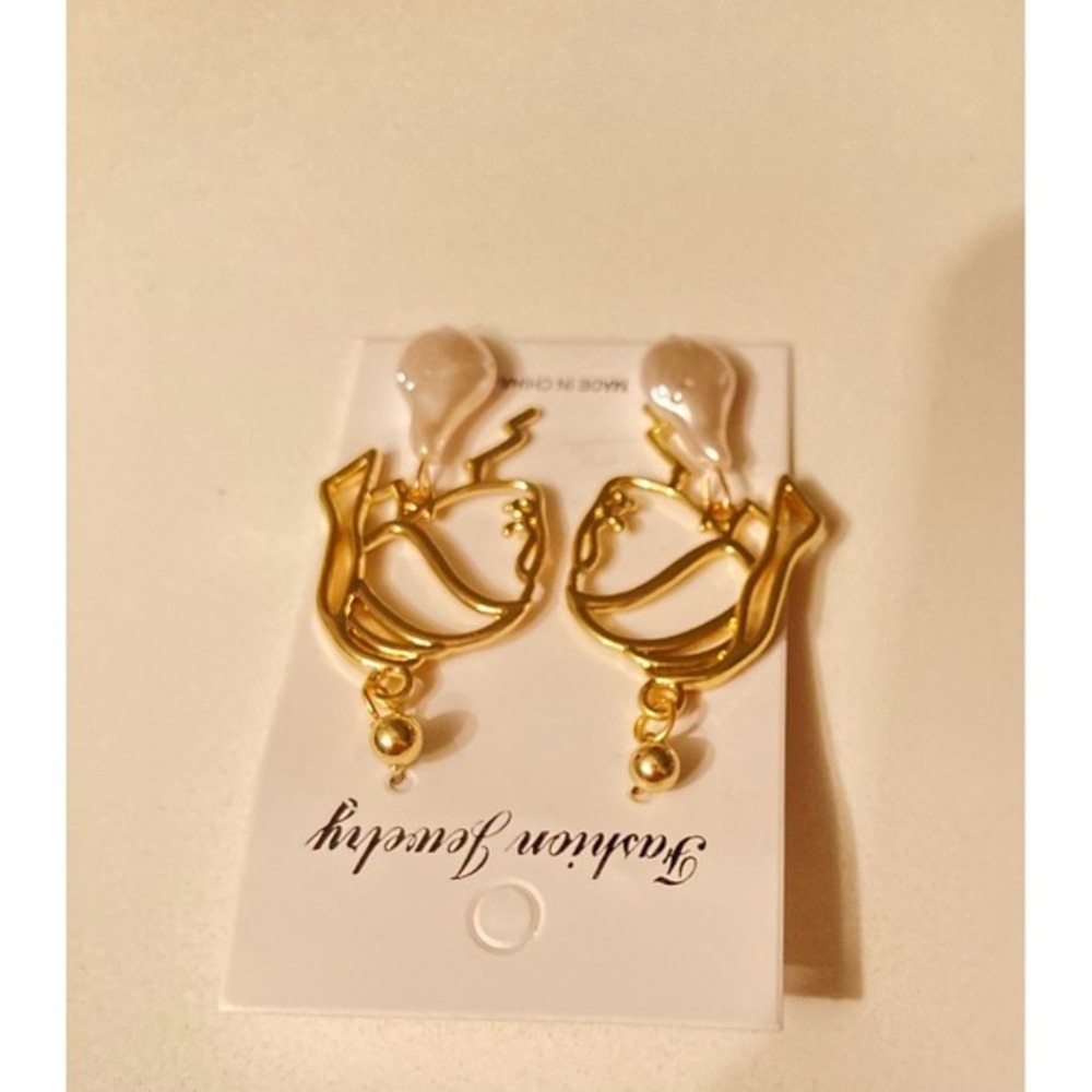 Abstract Gold Line Face Earrings with Baroque Pearl Drop Artistic Statement new - Picture 5 of 7